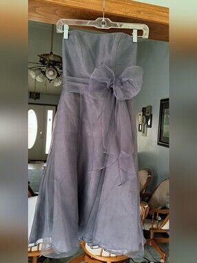 Strapless Silver Organza A-Line Dress with Bow